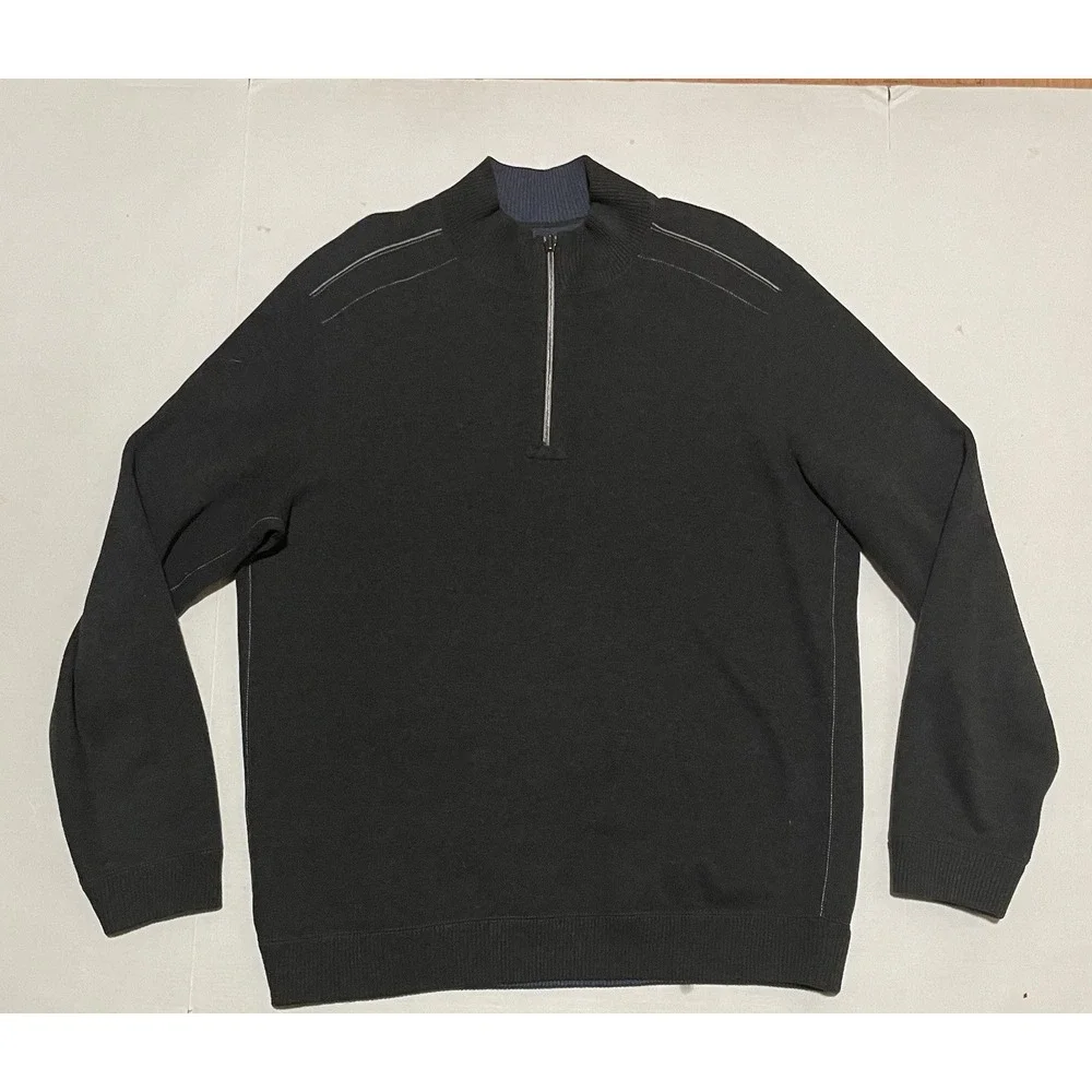 Tommy Bahama Sweater Mens Medium Black Navy‎ Blue Reversible Pullover 1/4  Zip